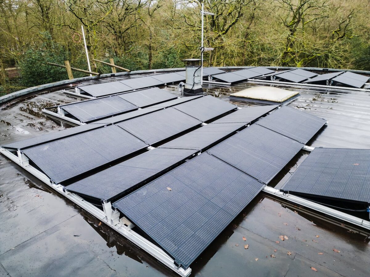 Rooftop solar panels in a natural setting, showcasing renewable energy solutions.