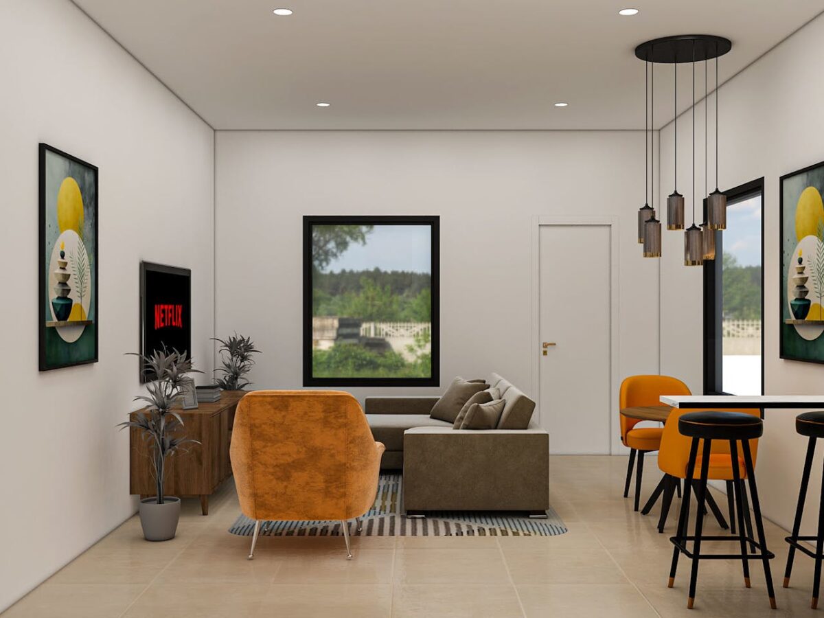 Stylish modern living room with orange accents and artistic decor, ideal for contemporary homes.